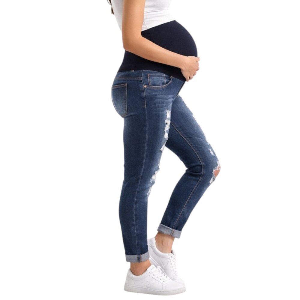 Haute Mama Stylish Distressed Maternity Skinny Jeans Over Belly Stretch Denim M - Picture 3 of 8
